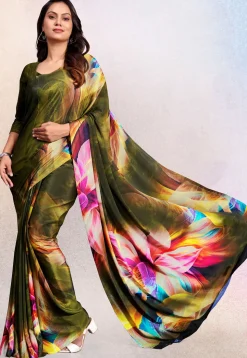 Digital Printed Crepe Saree in Olive Green
