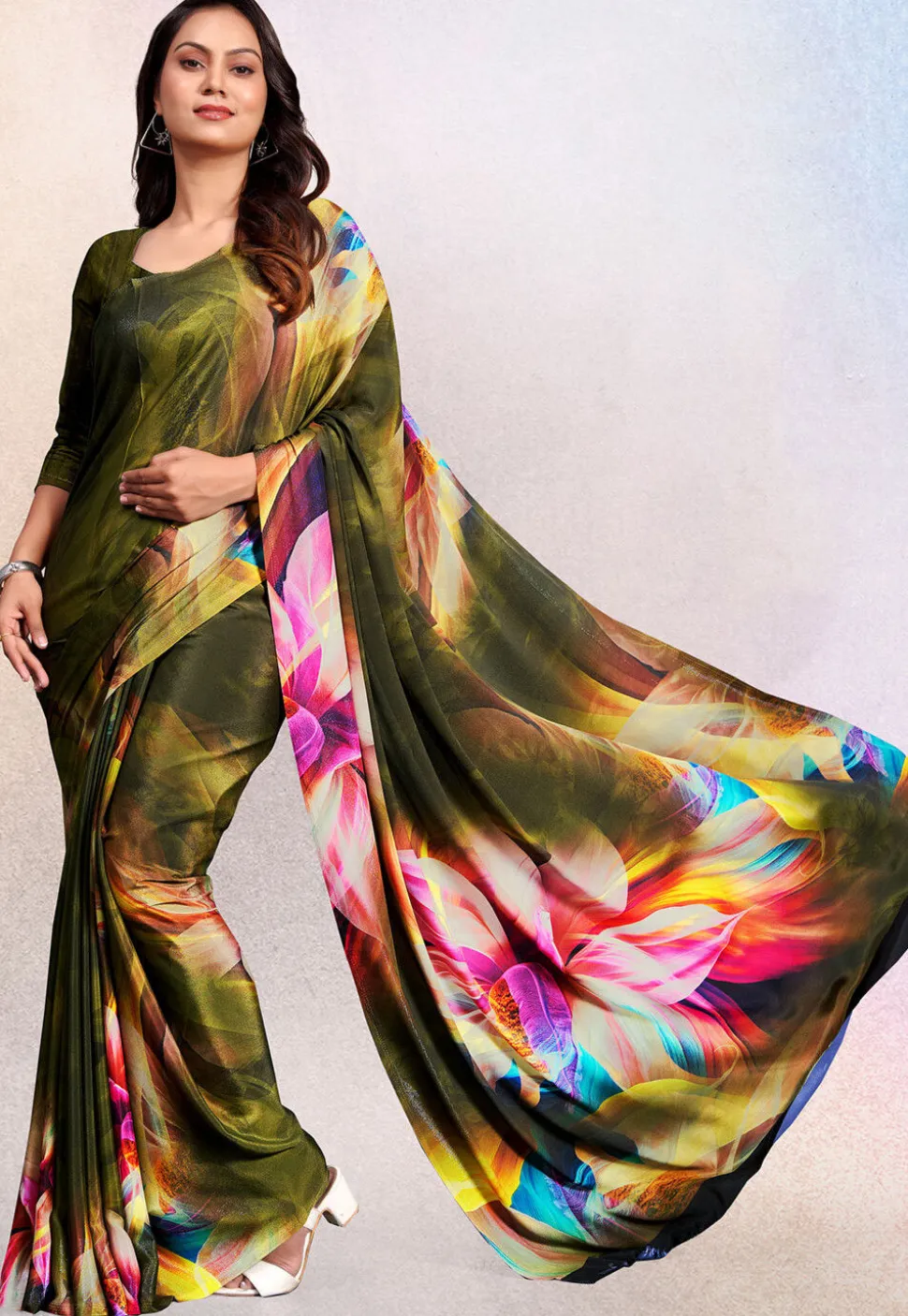 Digital Printed Crepe Saree in Olive Green