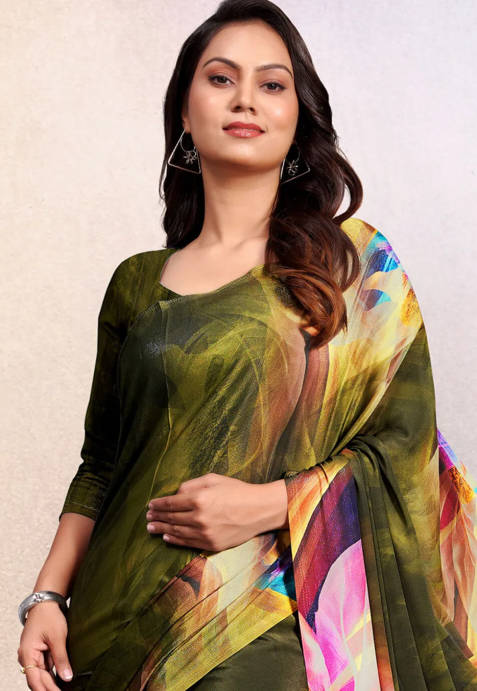Digital Printed Crepe Saree in Olive Green
