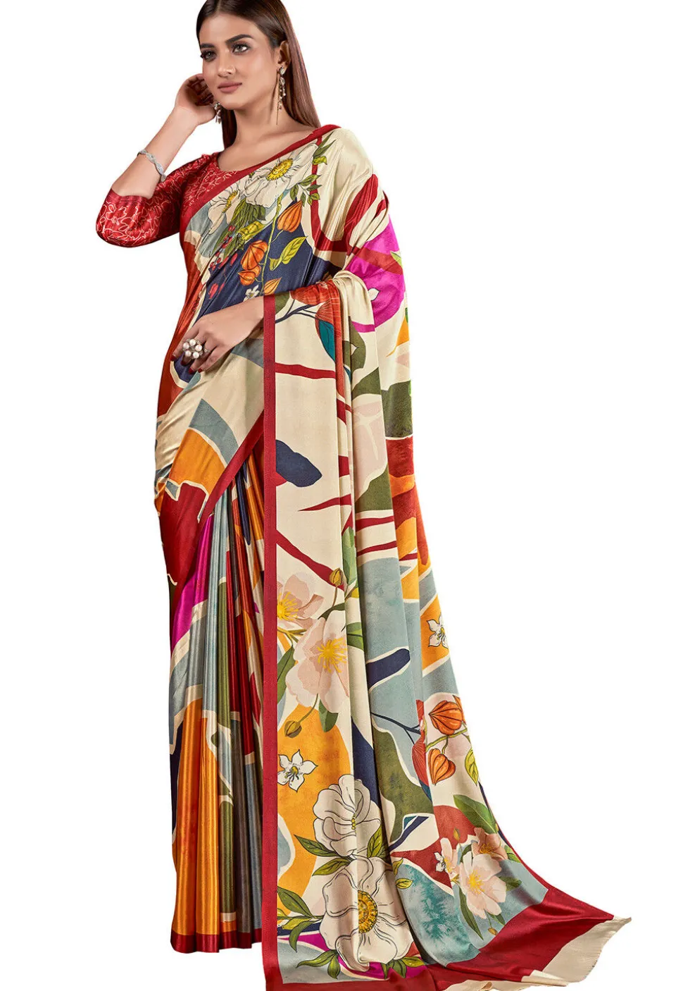 Digital Printed Crepe Saree in Multicolor