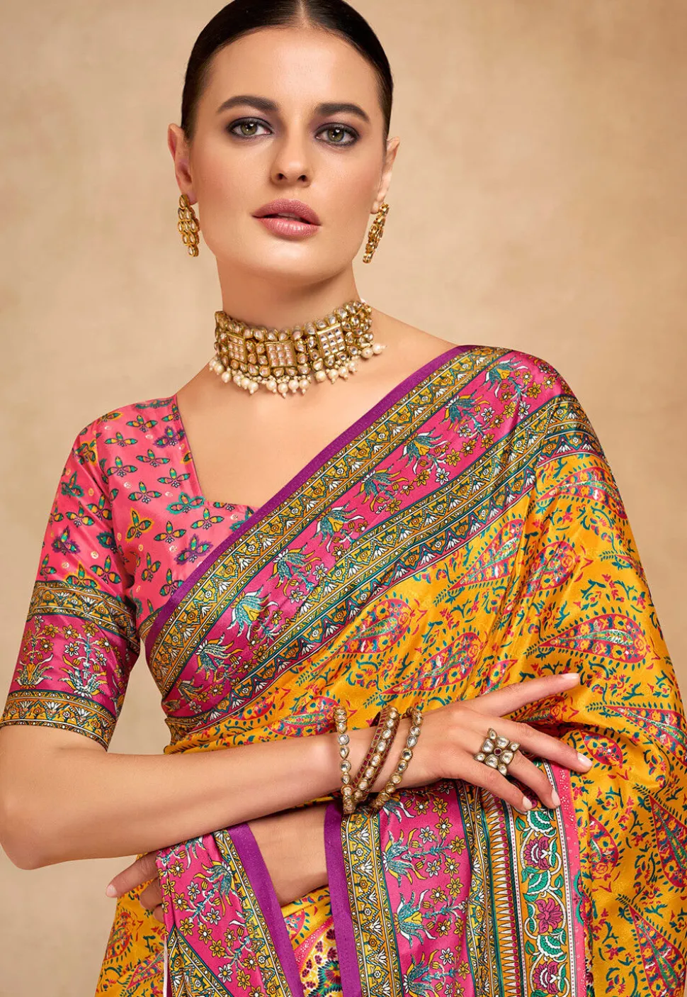 Digital Printed Crepe Saree in Mustard