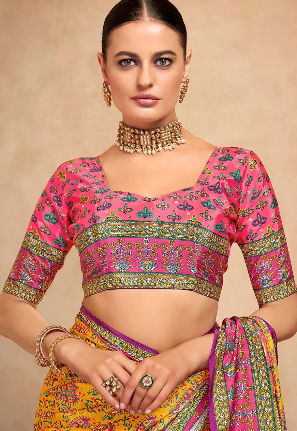 Digital Printed Crepe Saree in Mustard