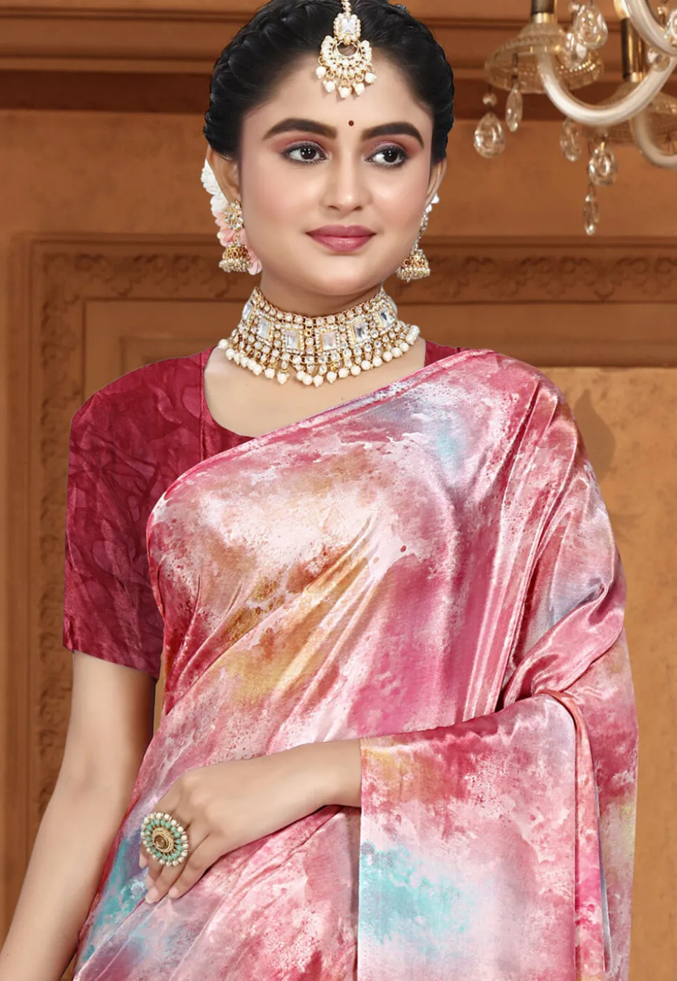Digital Printed Crepe Saree in Brown