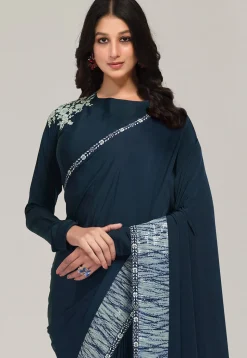Digital Printed Crepe Saree in Navy Blue
