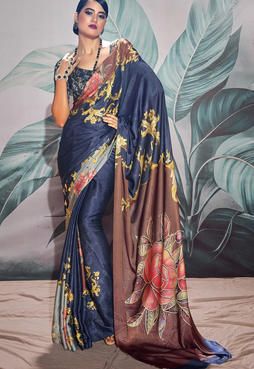 Digital Printed Crepe Saree in Navy Blue