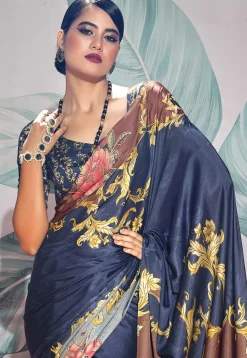 Digital Printed Crepe Saree in Navy Blue
