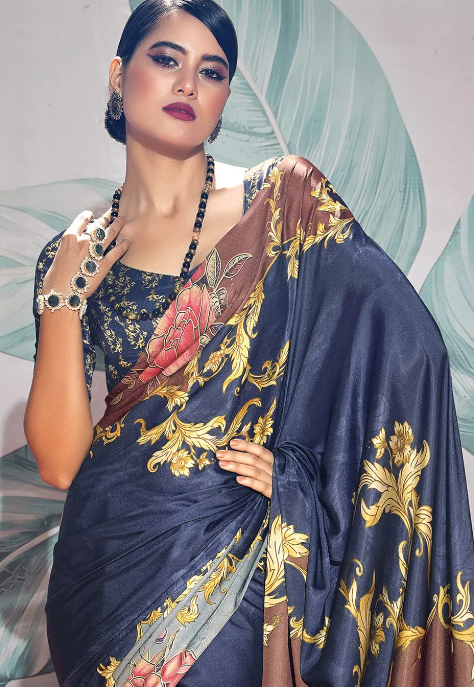 Digital Printed Crepe Saree in Navy Blue