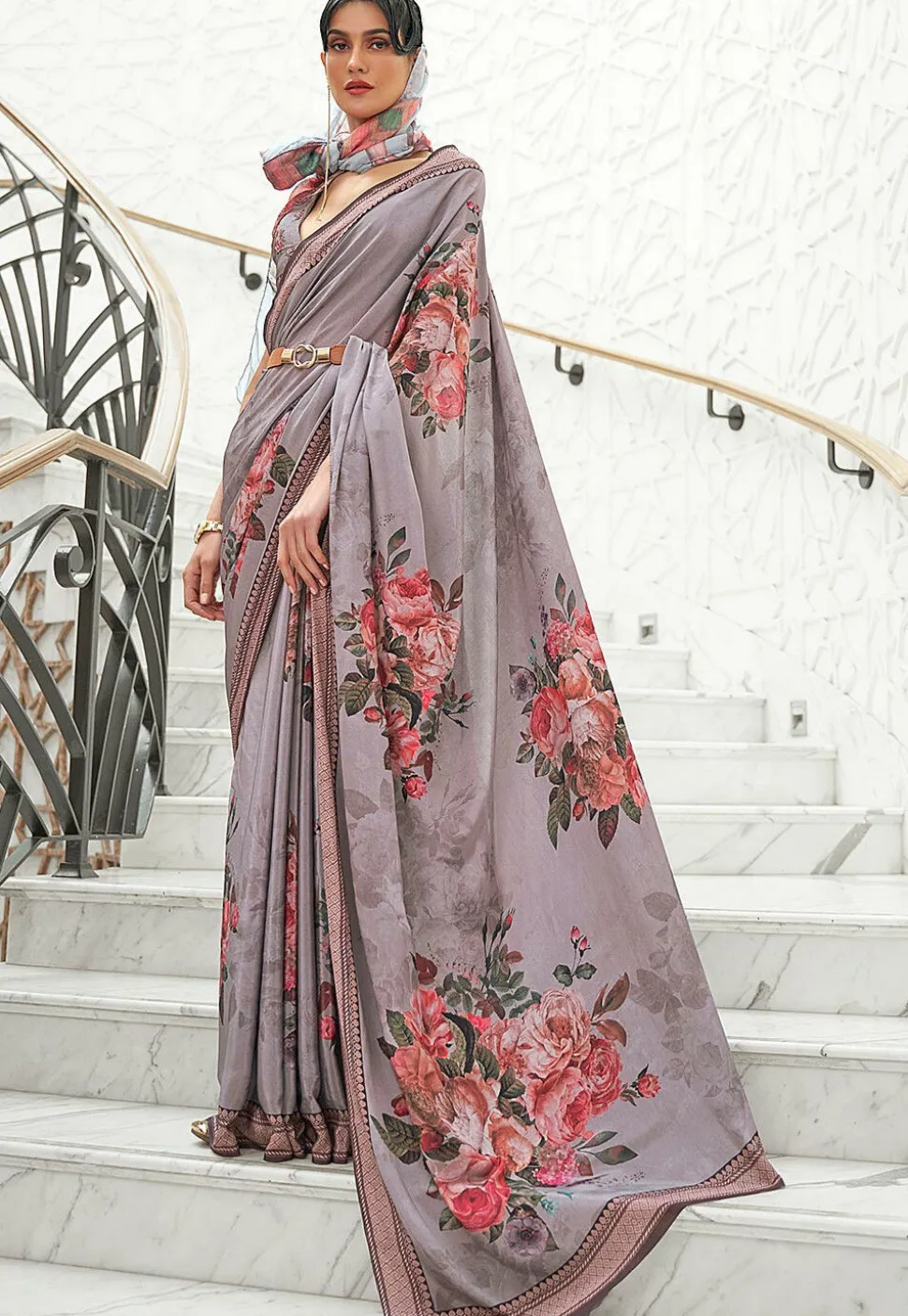 Digital Printed Crepe Saree in Grey