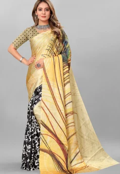 Digital Printed Crepe Saree in Beige and Black