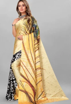 Digital Printed Crepe Saree in Beige and Black