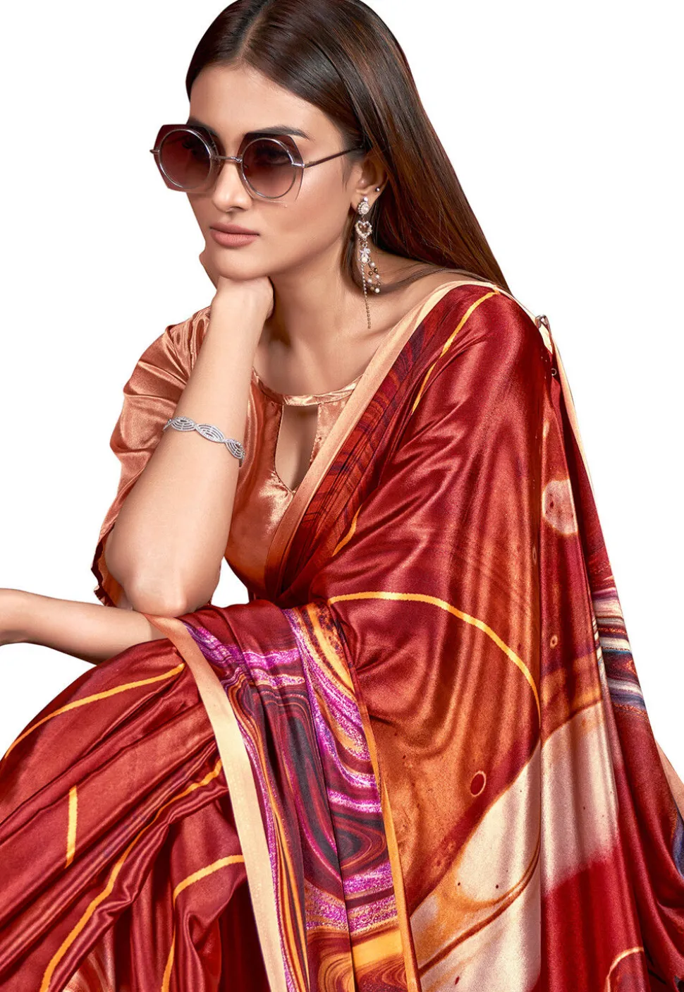 Digital Printed Crepe Saree in Brown
