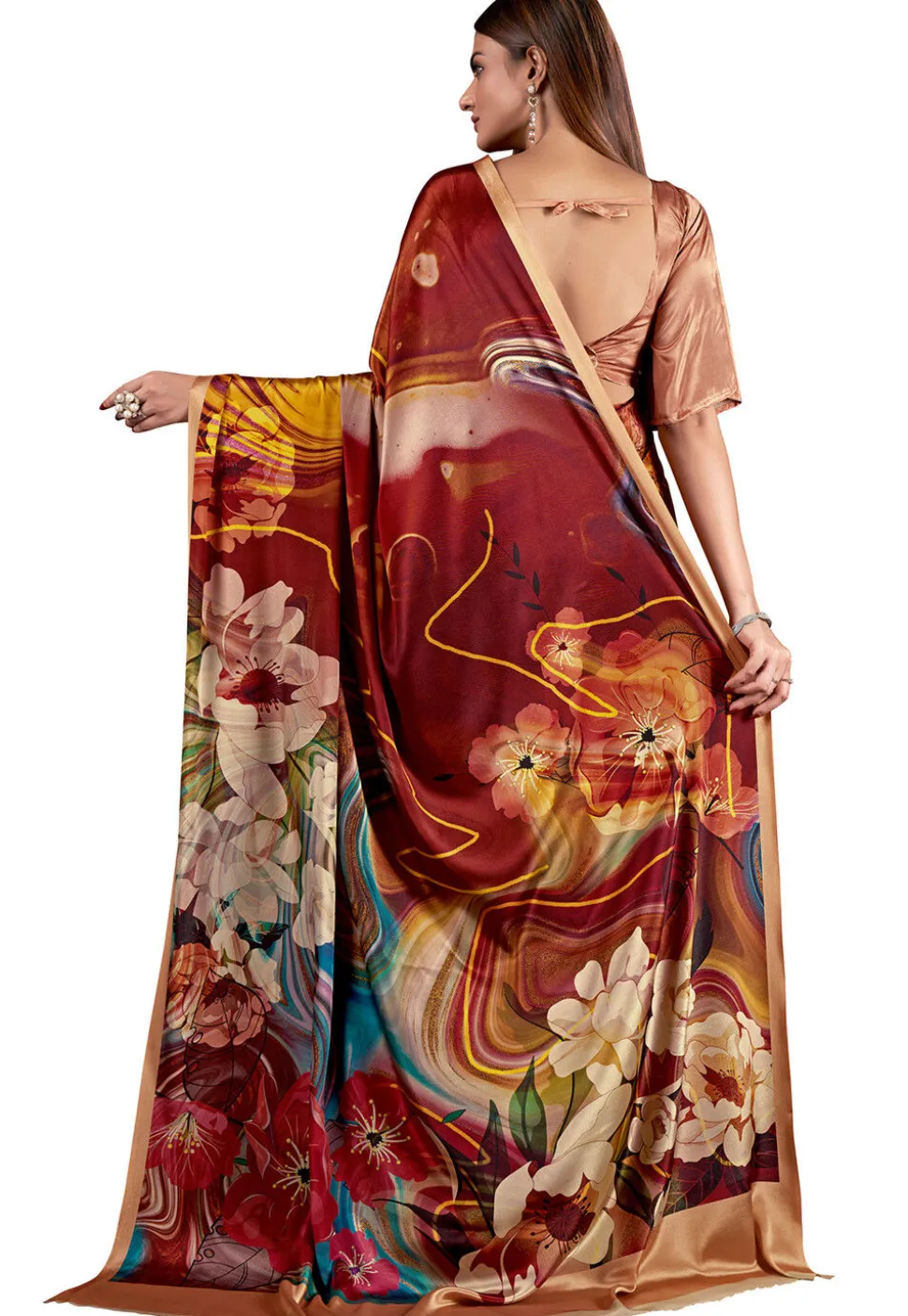 Digital Printed Crepe Saree in Brown
