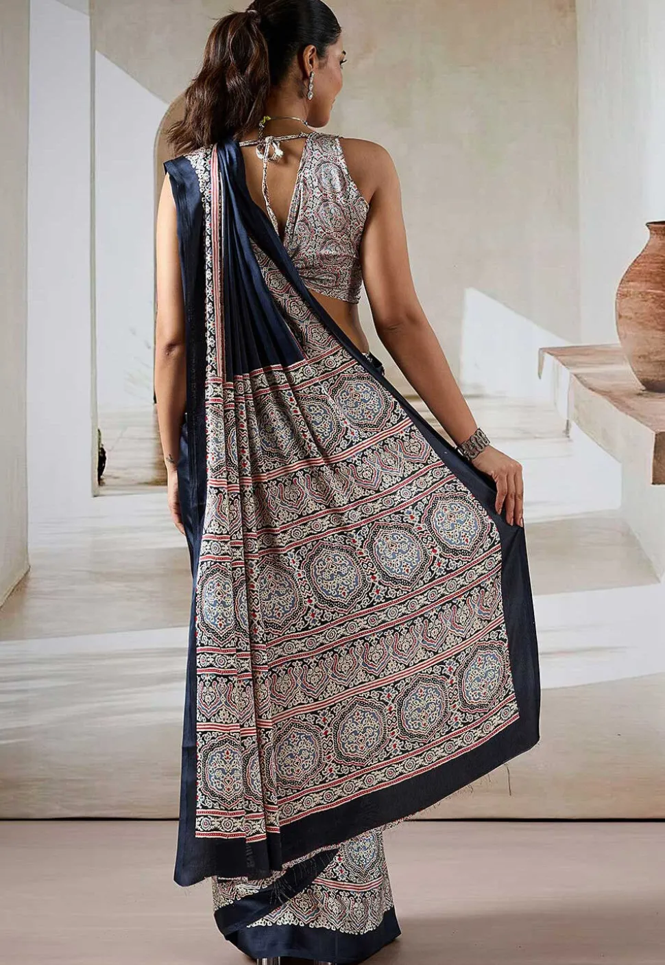 Digital Printed Crepe Saree in Black