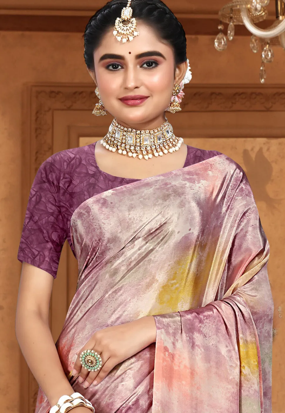 Digital Printed Crepe Saree in Purple