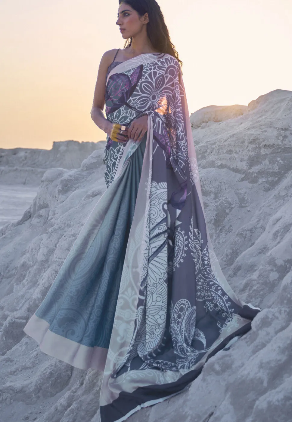 Digital Printed Crepe Saree in Shaded Grey and Blue