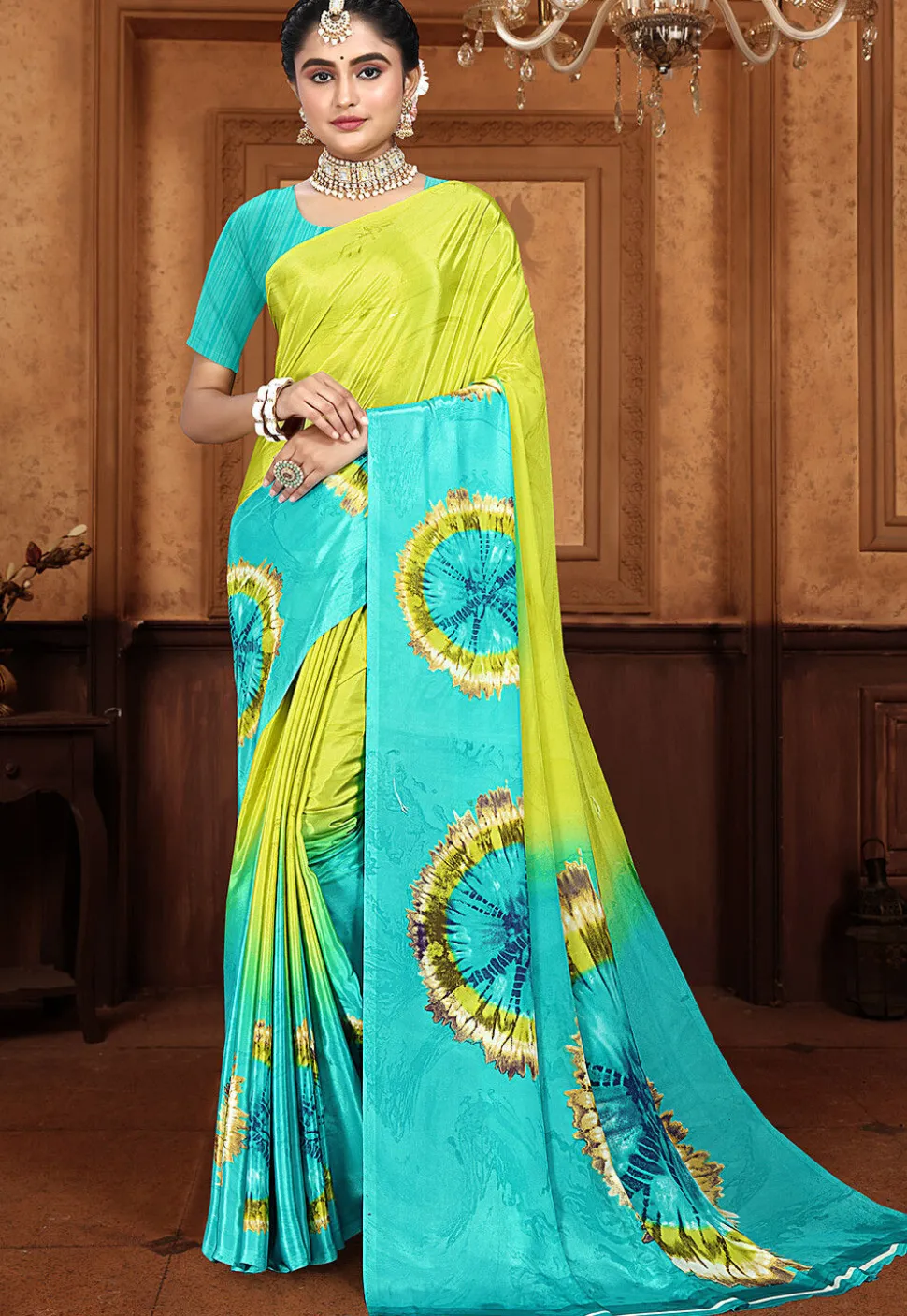 Digital Printed Crepe Saree in Light Green and Turquoise