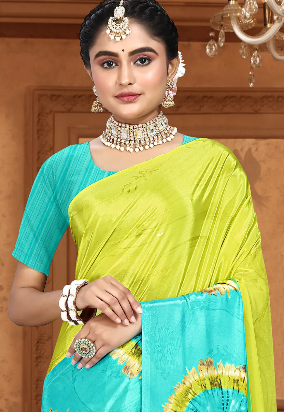 Digital Printed Crepe Saree in Light Green and Turquoise