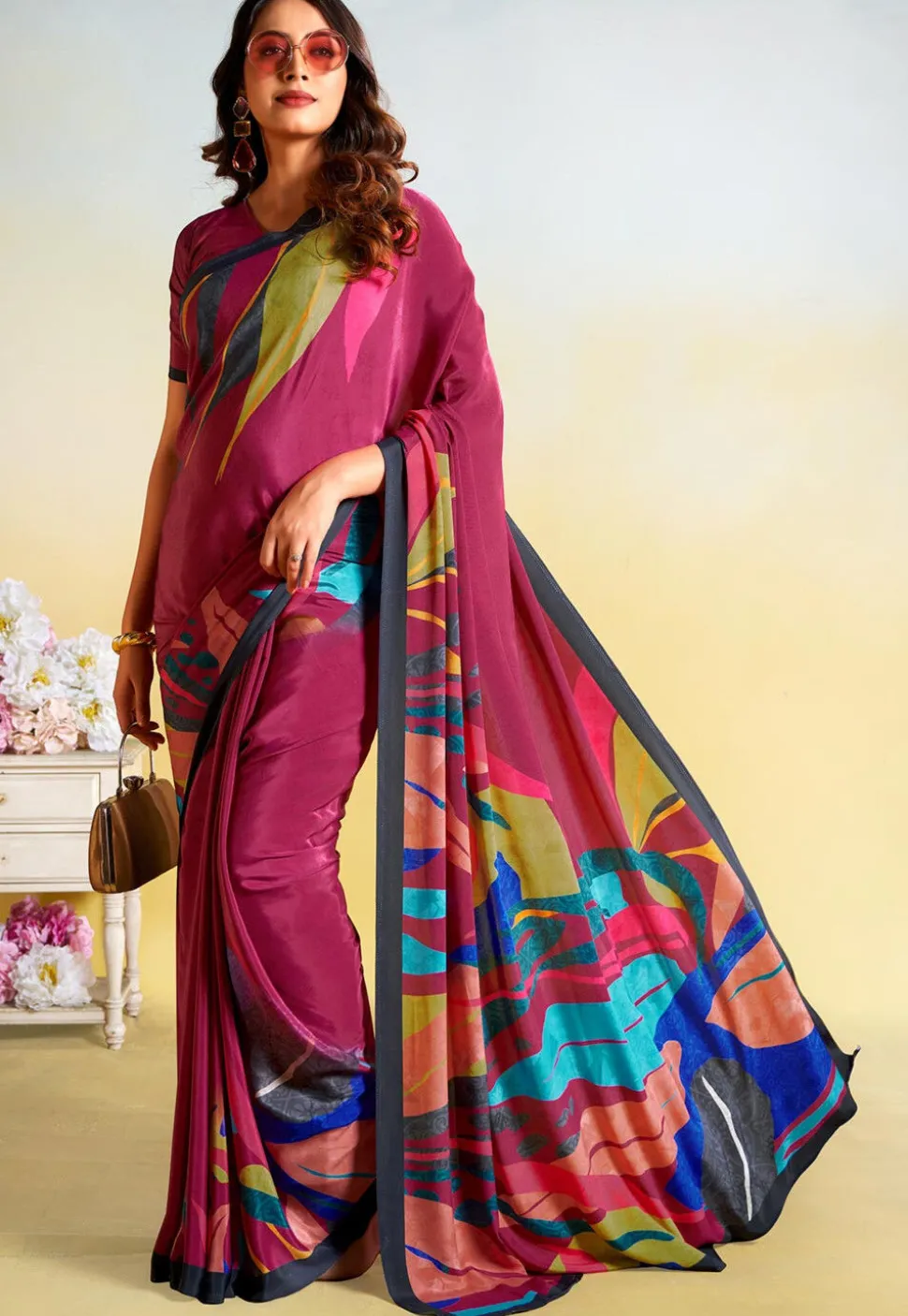 Digital Printed Crepe Saree in Pink