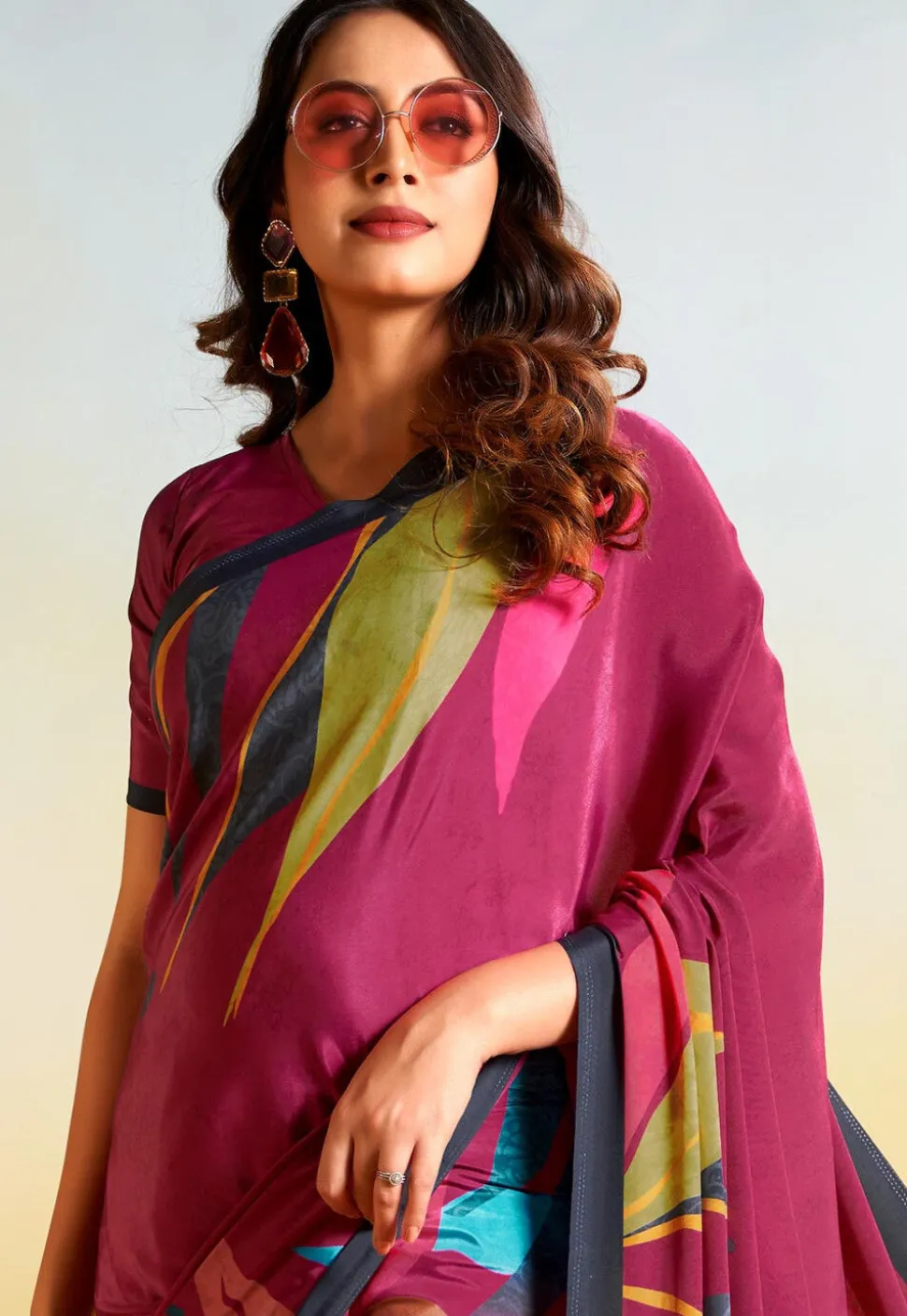 Digital Printed Crepe Saree in Pink