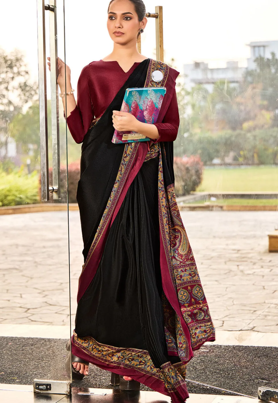 Digital Printed Crepe Saree in Black