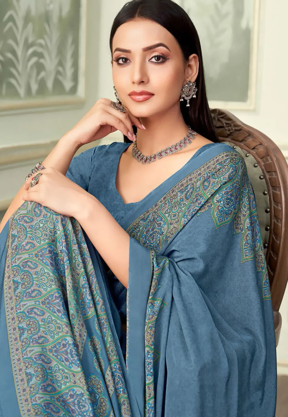 Digital Printed Crepe Saree in Blue