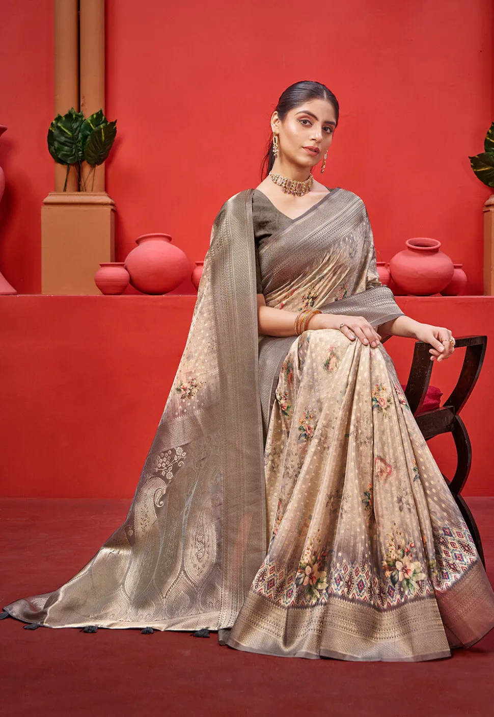 Digital Printed Crepe Saree in Beige