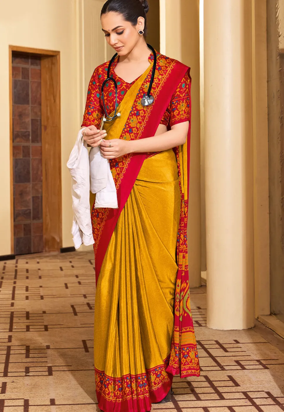 Digital Printed Crepe Saree in Mustard