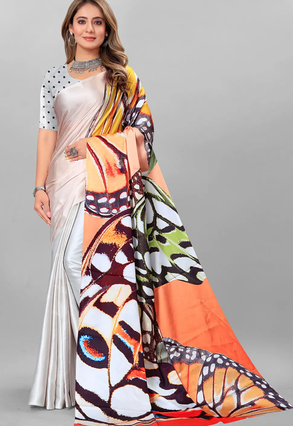Digital Printed Crepe Saree in Light Grey