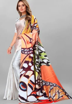 Digital Printed Crepe Saree in Light Grey
