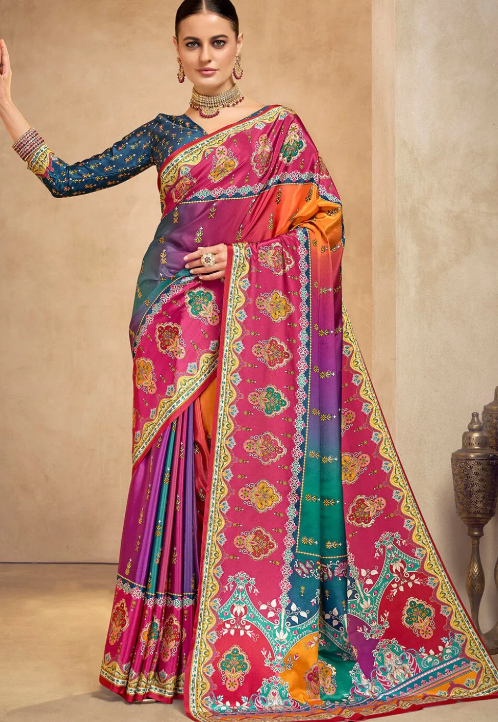 Digital Printed Crepe Saree in Multicolor