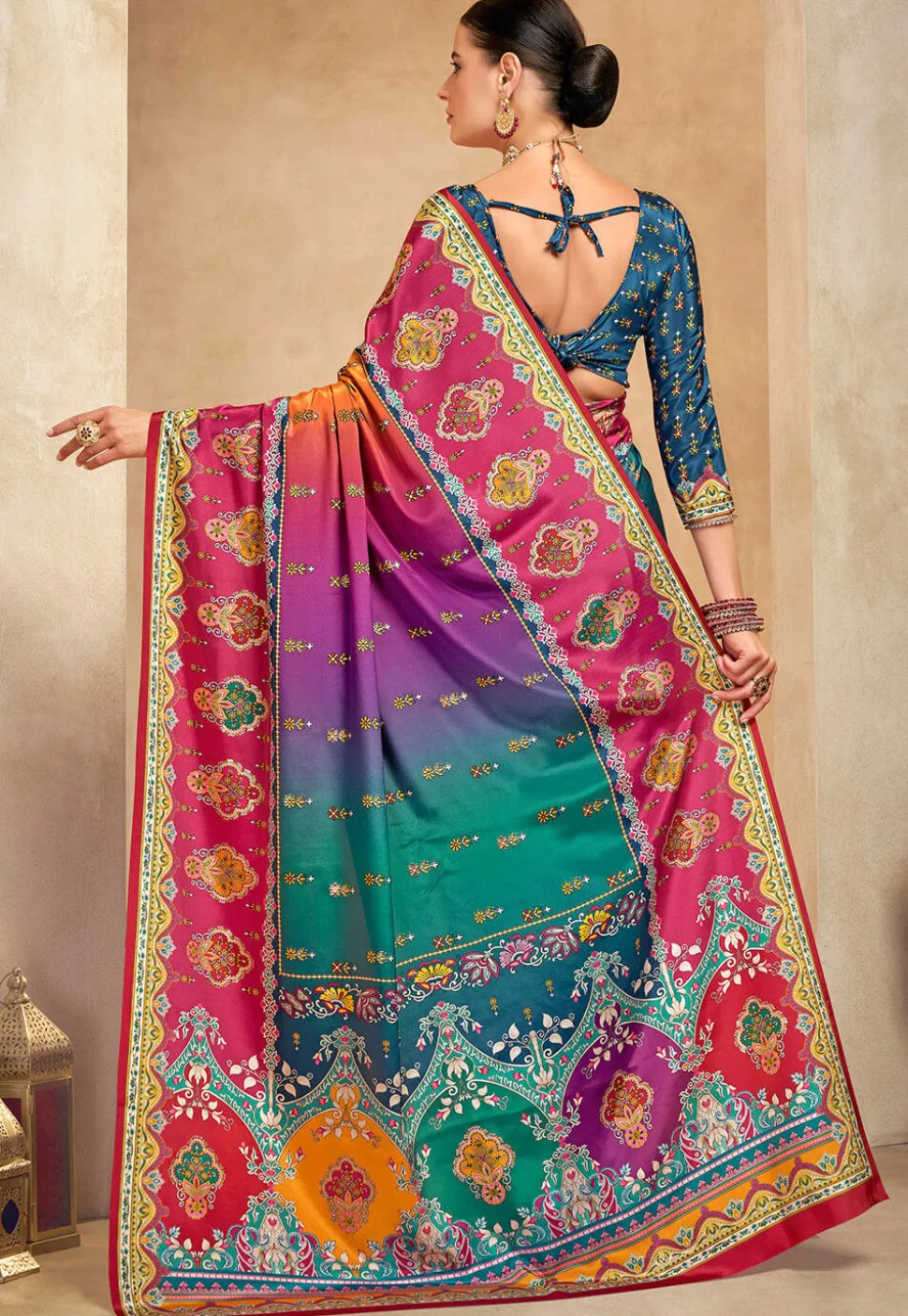 Digital Printed Crepe Saree in Multicolor