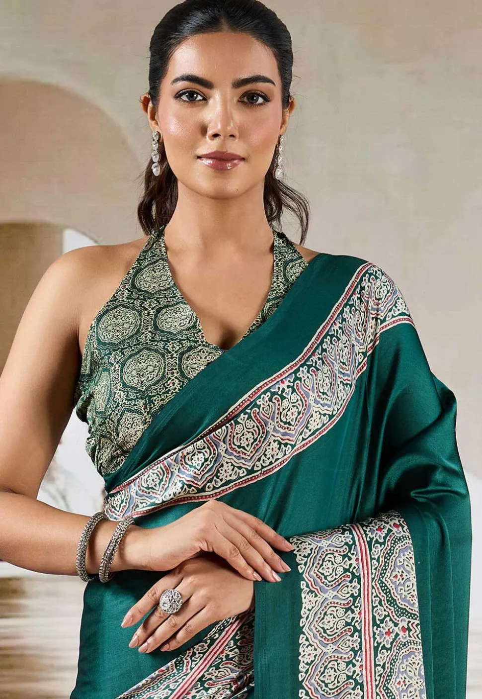 Digital Printed Crepe Saree in Teal Green