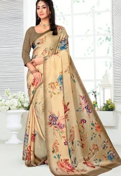 Digital Printed Crepe Saree in Beige