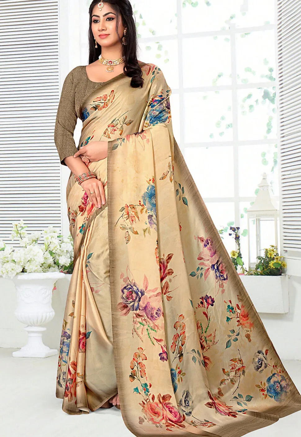 Digital Printed Crepe Saree in Beige