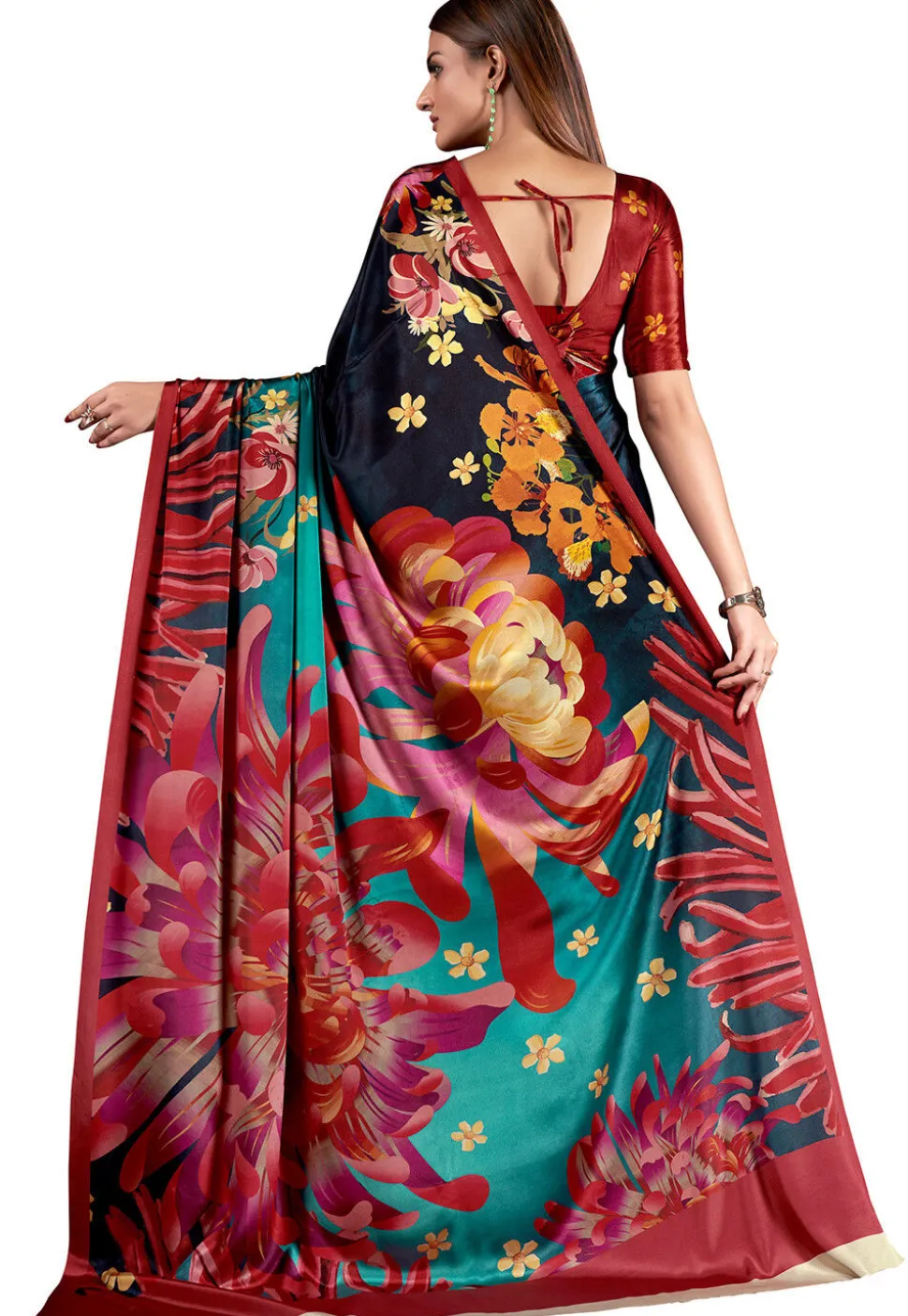 Digital Printed Crepe Saree in Teal Blue