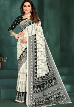 Digital Printed Crepe Saree in Off White