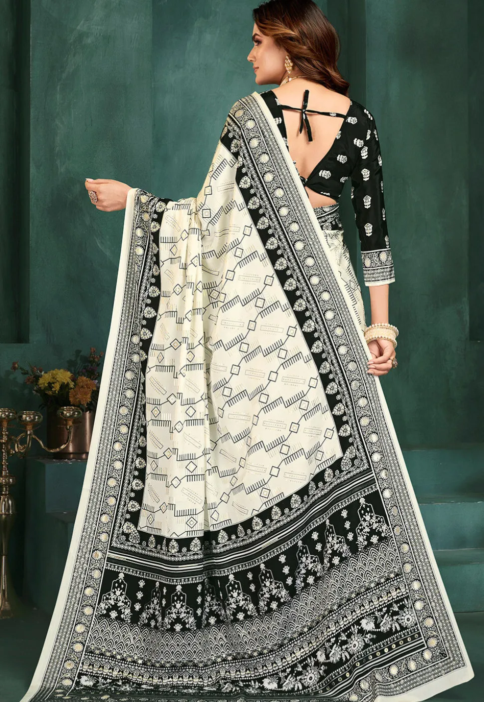 Digital Printed Crepe Saree in Off White