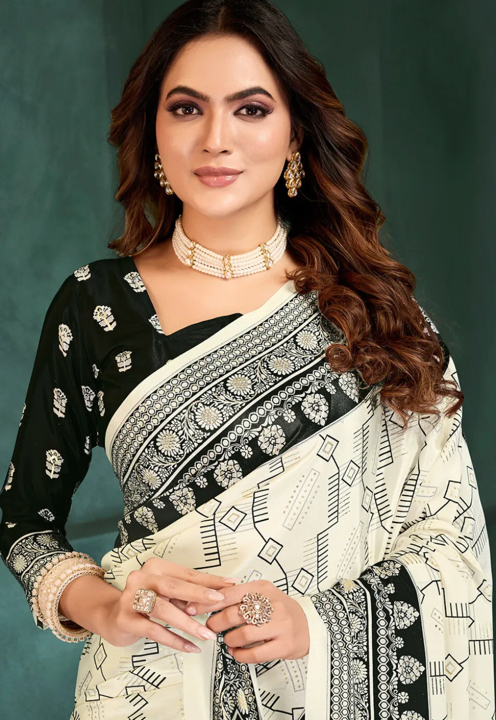 Digital Printed Crepe Saree in Off White