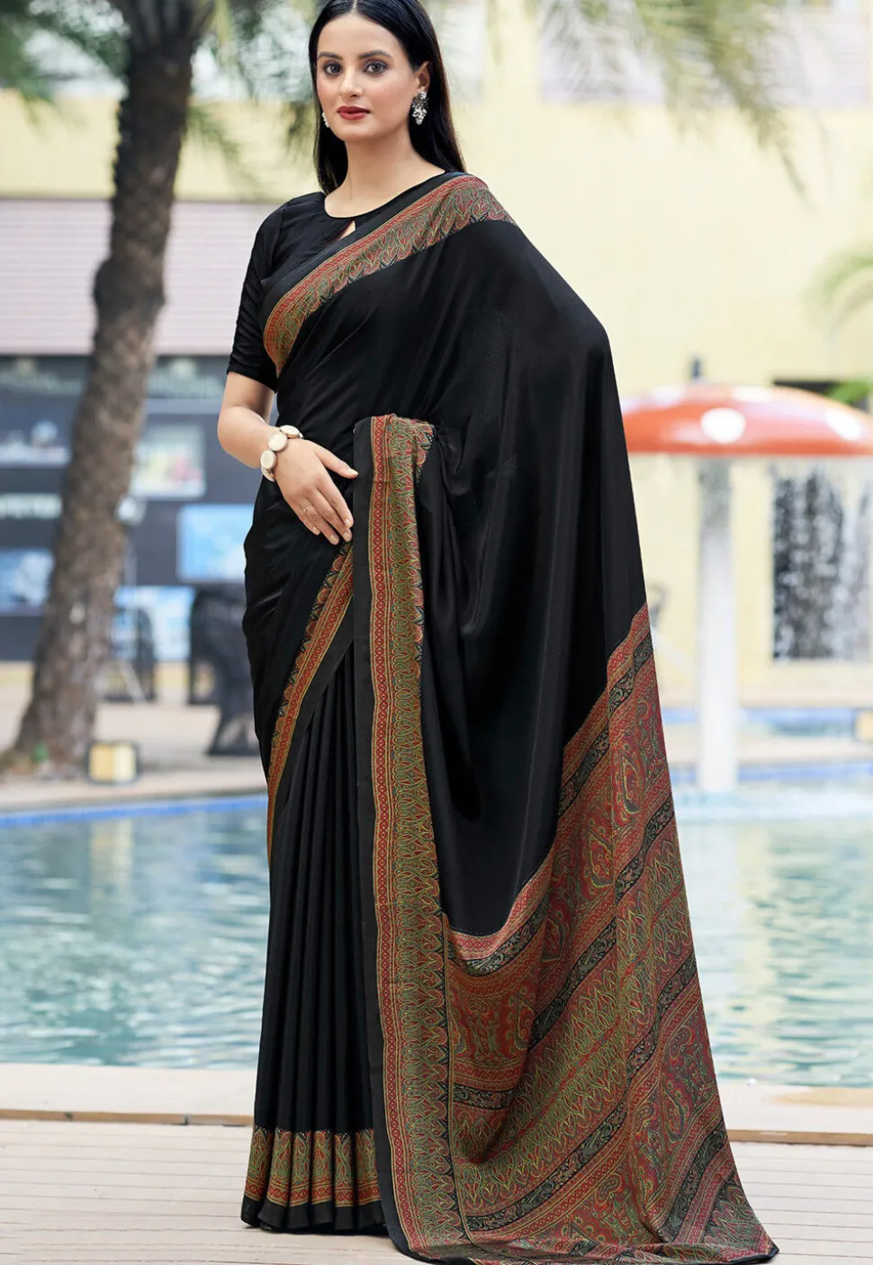 Digital Printed Crepe Saree in Black
