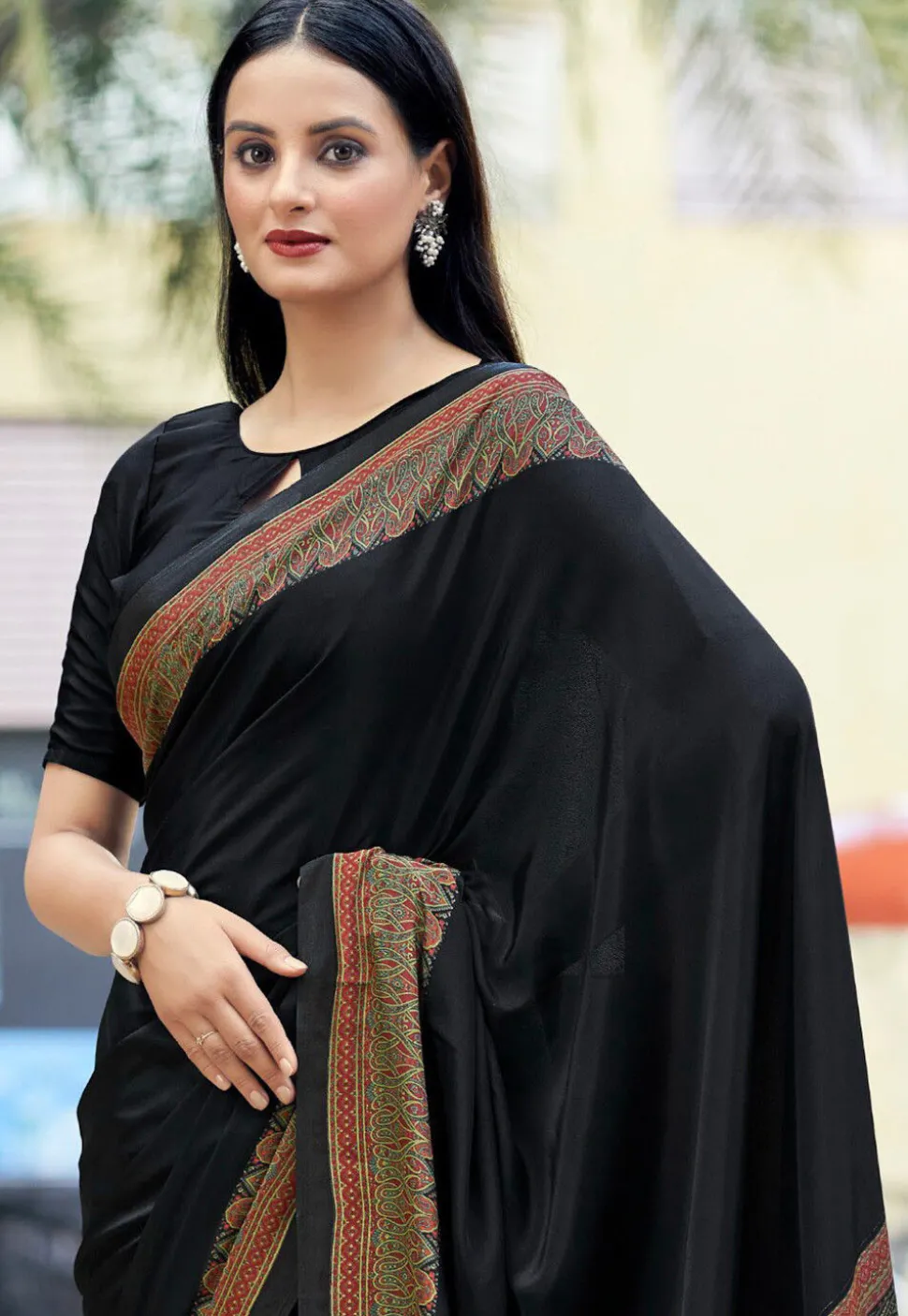 Digital Printed Crepe Saree in Black
