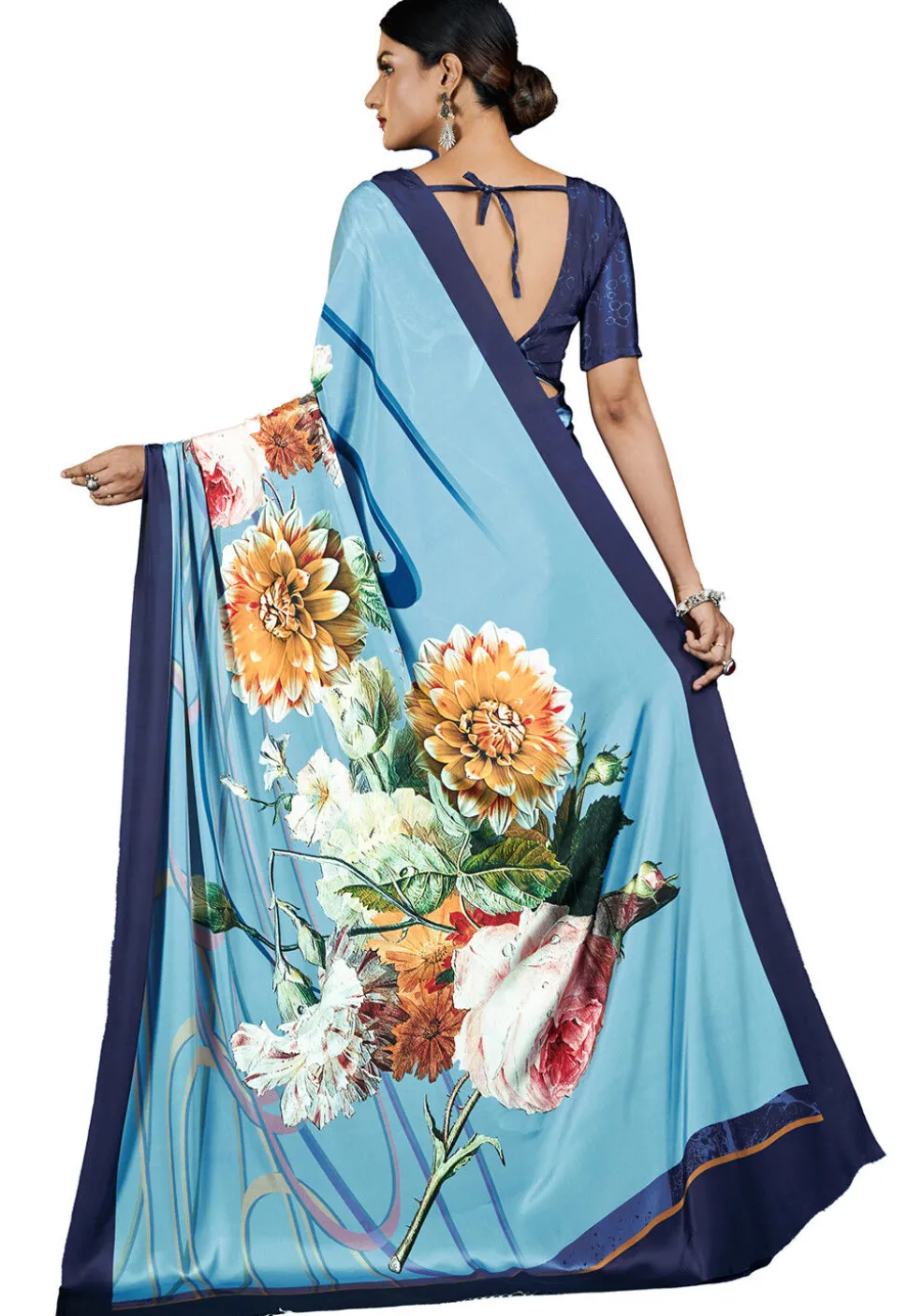 Digital Printed Crepe Saree in Blue