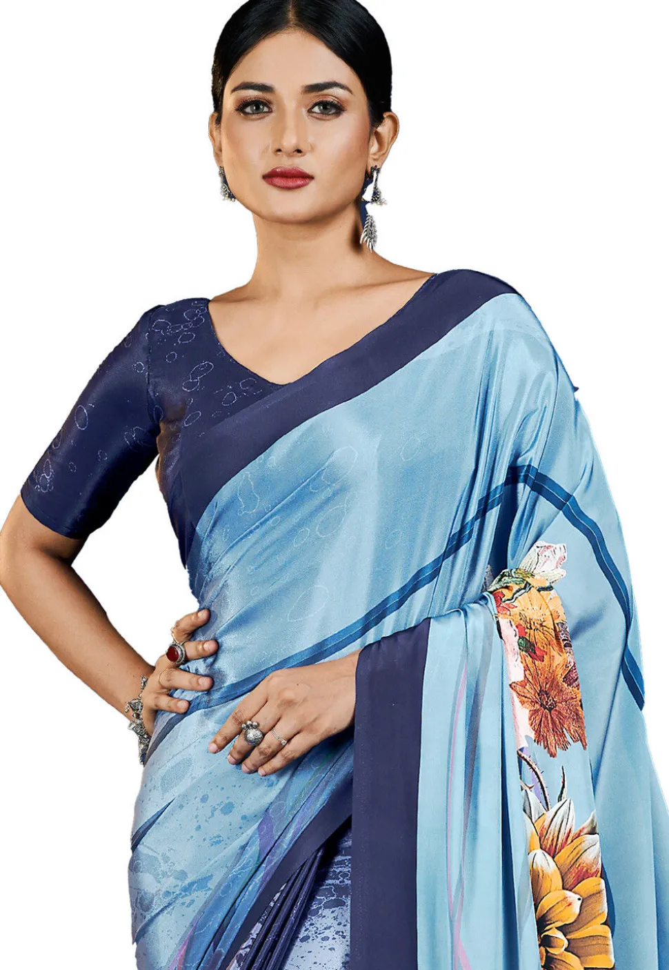Digital Printed Crepe Saree in Blue