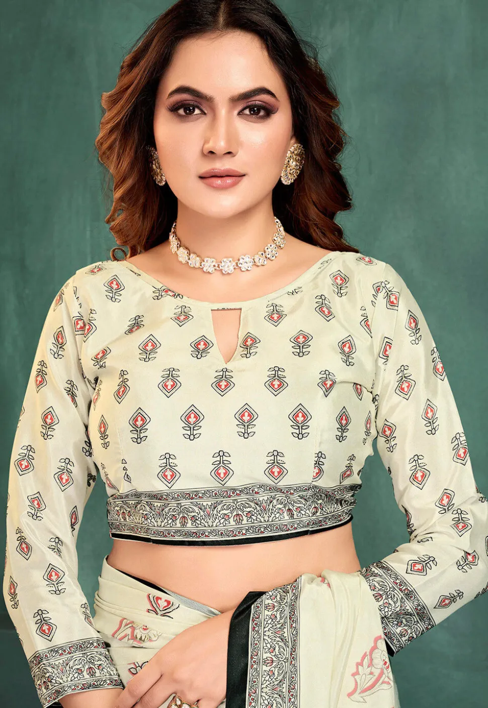 Digital Printed Crepe Saree in Off White