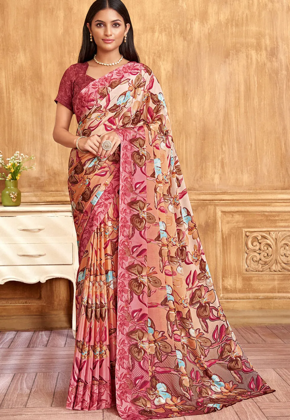 Digital Printed Crepe Saree in Peach