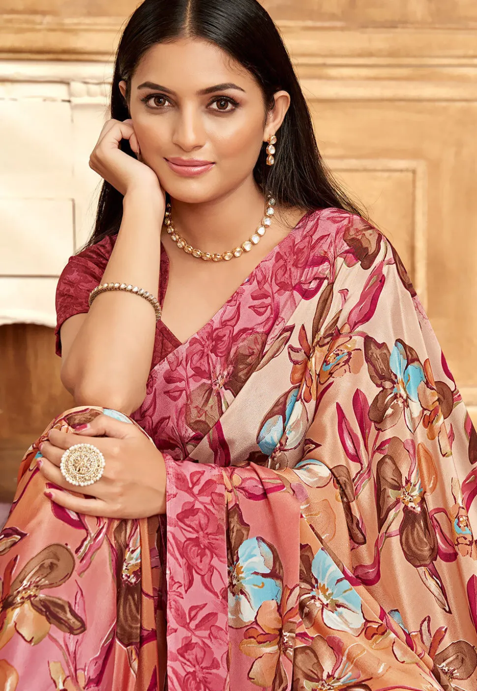 Digital Printed Crepe Saree in Peach