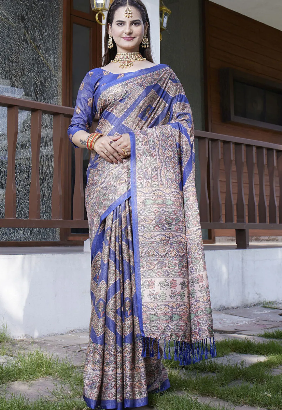 Digital Printed Crepe Saree in Navy Blue