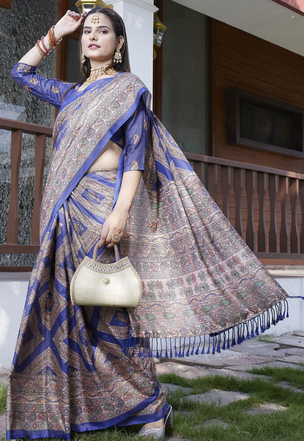 Digital Printed Crepe Saree in Navy Blue