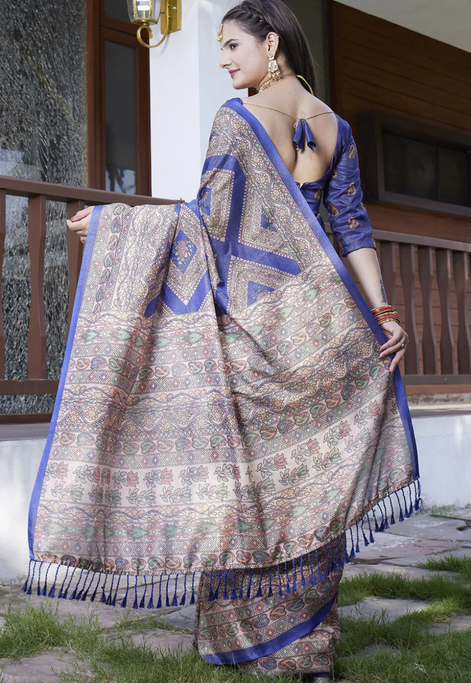 Digital Printed Crepe Saree in Navy Blue