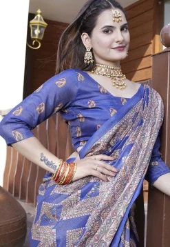 Digital Printed Crepe Saree in Navy Blue