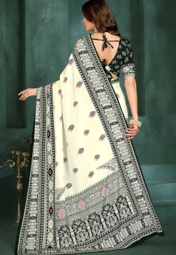 Digital Printed Crepe Saree in Off White